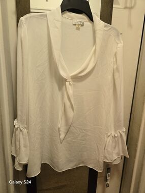Tahari White Tie-Neck Ruffle-Sleeve Blouse XL